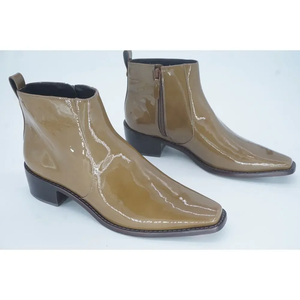 Tory Burch Brown Patent Zip Ankle Booties SZ 8 Lug Logo $428